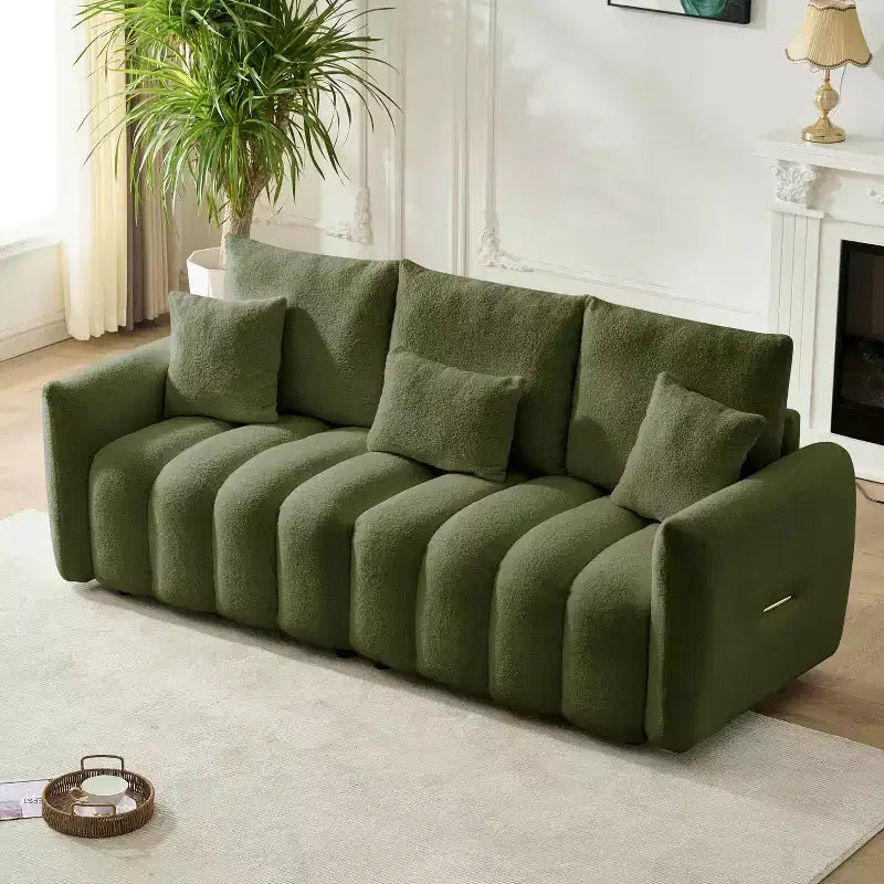 MAYEERTY Canapé haut de gamme en tissu Teddy 198 cm avec 3 coussins de dossier et 3 coussins de traversin Cadre en bois massif Canapé 3 places avec fauteuil rembourré surdimensionné Vert