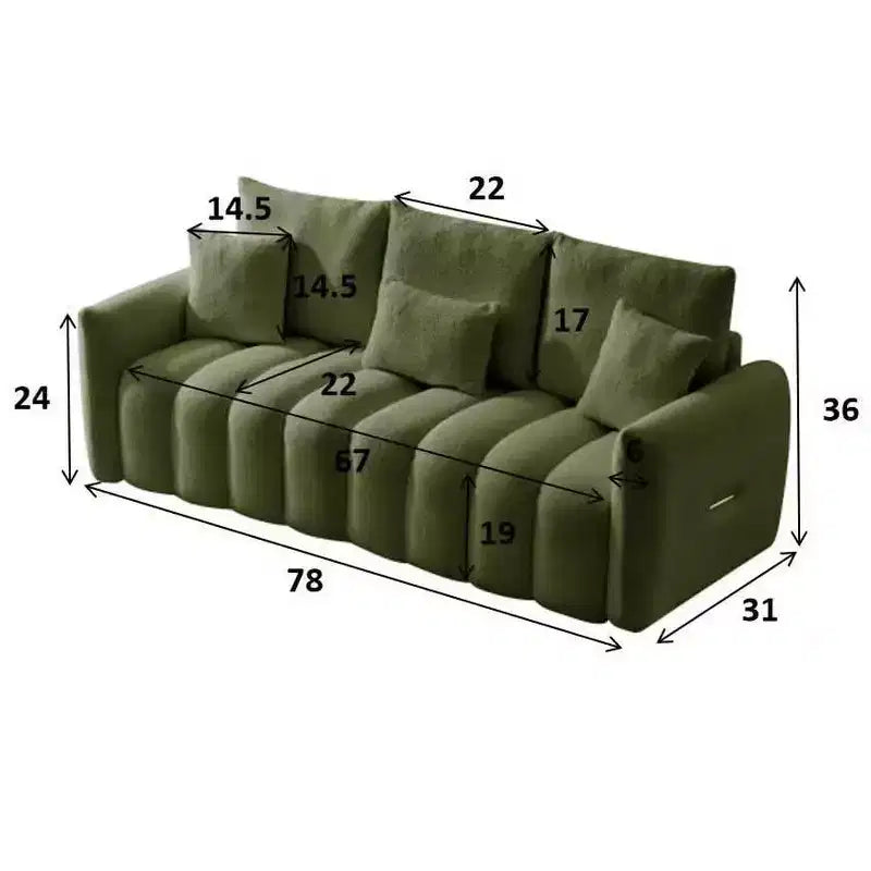 MAYEERTY Canapé haut de gamme en tissu Teddy 198 cm avec 3 coussins de dossier et 3 coussins de traversin Cadre en bois massif Canapé 3 places avec fauteuil rembourré surdimensionné Vert