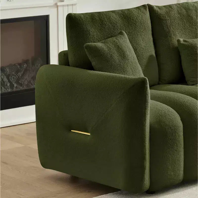 MAYEERTY Canapé haut de gamme en tissu Teddy 198 cm avec 3 coussins de dossier et 3 coussins de traversin Cadre en bois massif Canapé 3 places avec fauteuil rembourré surdimensionné Vert