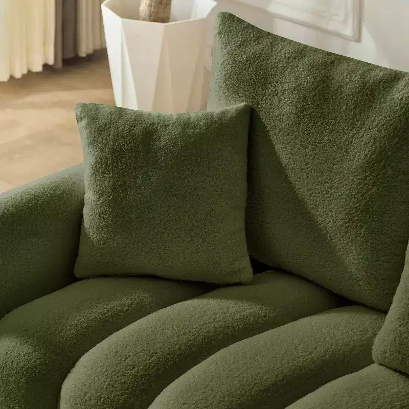 MAYEERTY Canapé haut de gamme en tissu Teddy 198 cm avec 3 coussins de dossier et 3 coussins de traversin Cadre en bois massif Canapé 3 places avec fauteuil rembourré surdimensionné Vert