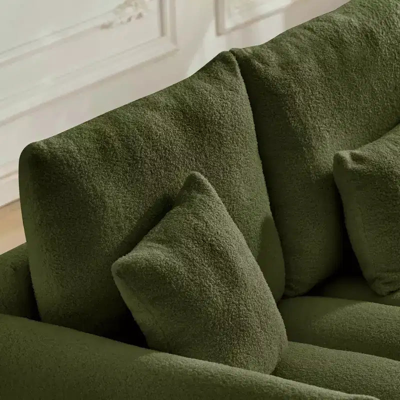 MAYEERTY Canapé haut de gamme en tissu Teddy 198 cm avec 3 coussins de dossier et 3 coussins de traversin Cadre en bois massif Canapé 3 places avec fauteuil rembourré surdimensionné Vert