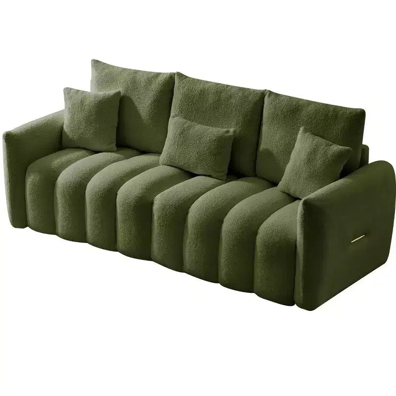 MAYEERTY Canapé haut de gamme en tissu Teddy 198 cm avec 3 coussins de dossier et 3 coussins de traversin Cadre en bois massif Canapé 3 places avec fauteuil rembourré surdimensionné Vert