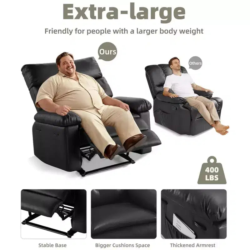 Fauteuil inclinable large surdimensionné - Chaleur et massage, Fauteuil inclinable manuel extra large en cuir PU pour adultes, Grand fauteuil paresseux avec accoudoirs confortables en éponge 1,5X