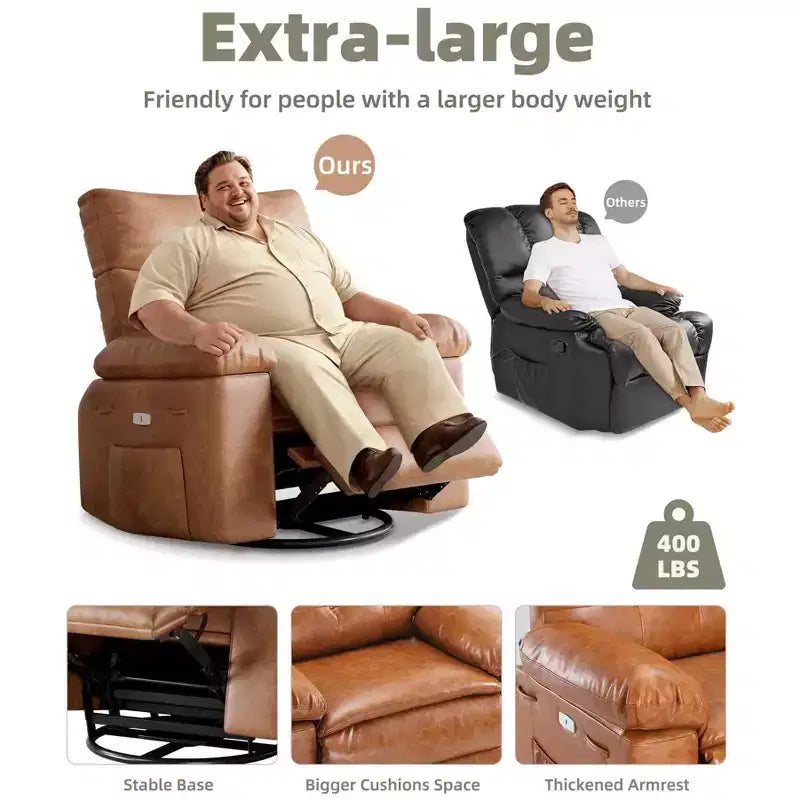 Fauteuil inclinable large surdimensionné - Chaleur et massage, Fauteuil inclinable manuel extra large en cuir PU pour adultes, Grand fauteuil paresseux avec accoudoirs confortables en éponge 1,5X