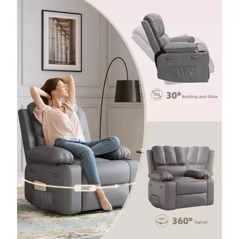 Fauteuils inclinables surdimensionnés avec chauffage et massage - Fauteuils inclinables paresseux pour adultes - Canapé manuel simple avec porte-gobelet pour salons, chambres