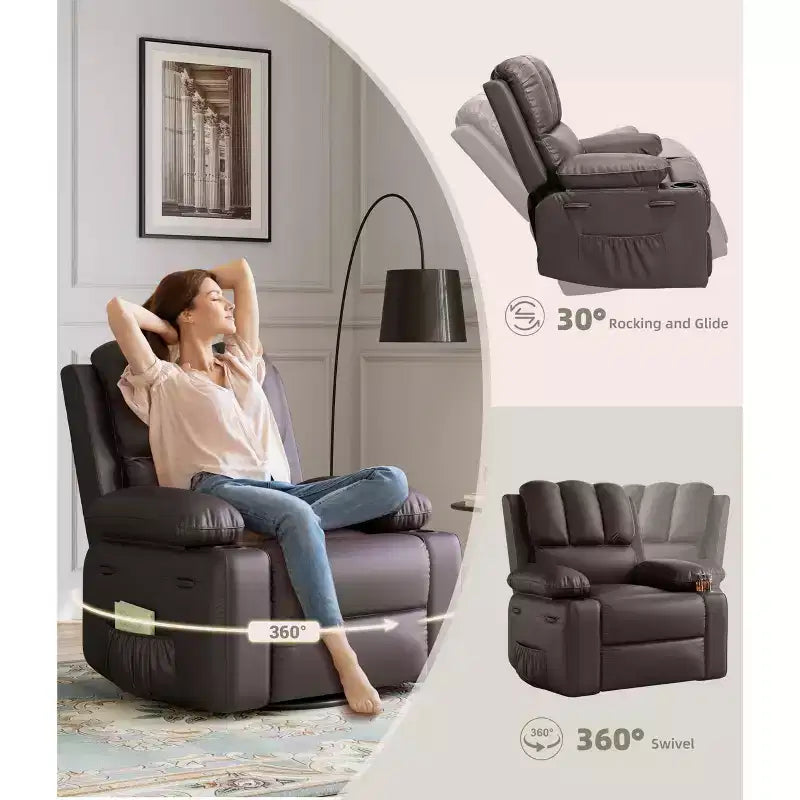 Fauteuils inclinables surdimensionnés avec chauffage et massage - Fauteuils inclinables paresseux pour adultes - Canapé manuel simple avec porte-gobelet pour salons, chambres