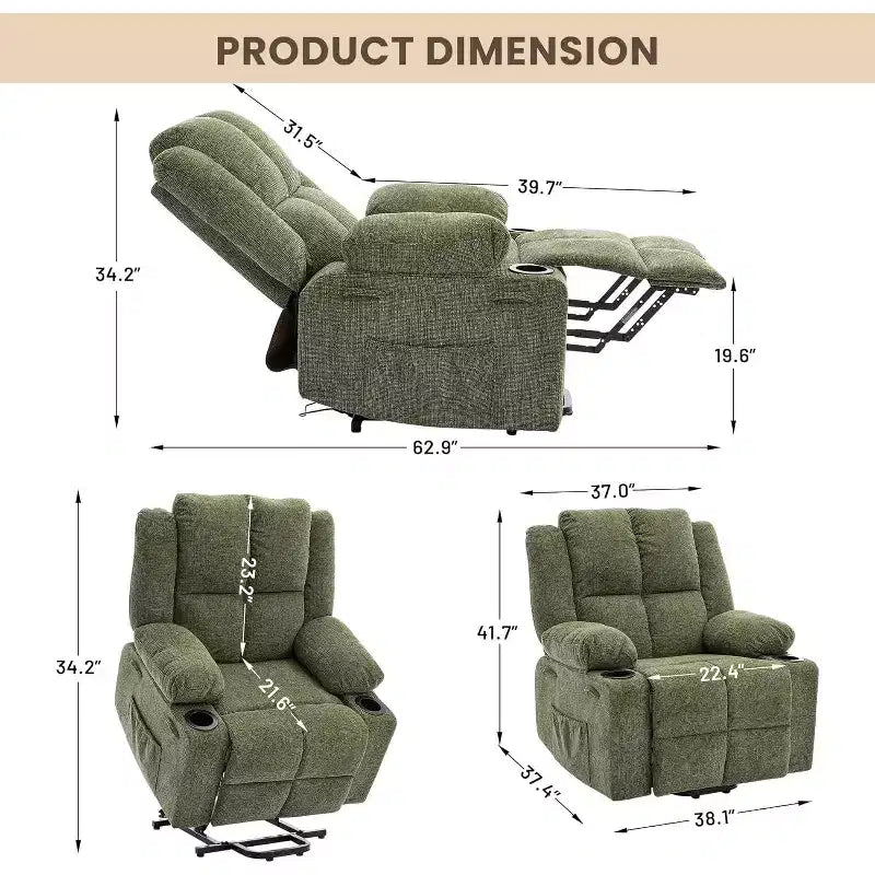Fauteuil inclinable électrique surdimensionné pour personnes âgées, inclinable à 135°, avec fonction de levage, massage et chaleur, 2 porte-gobelets