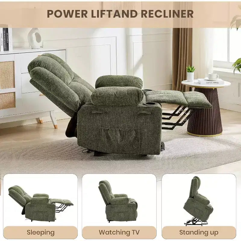 Fauteuil inclinable électrique surdimensionné pour personnes âgées, inclinable à 135°, avec fonction de levage, massage et chaleur, 2 porte-gobelets