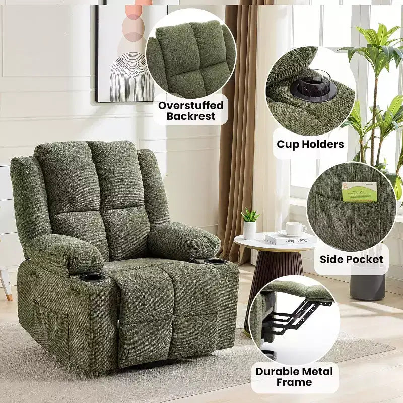Fauteuil inclinable électrique surdimensionné pour personnes âgées, inclinable à 135°, avec fonction de levage, massage et chaleur, 2 porte-gobelets