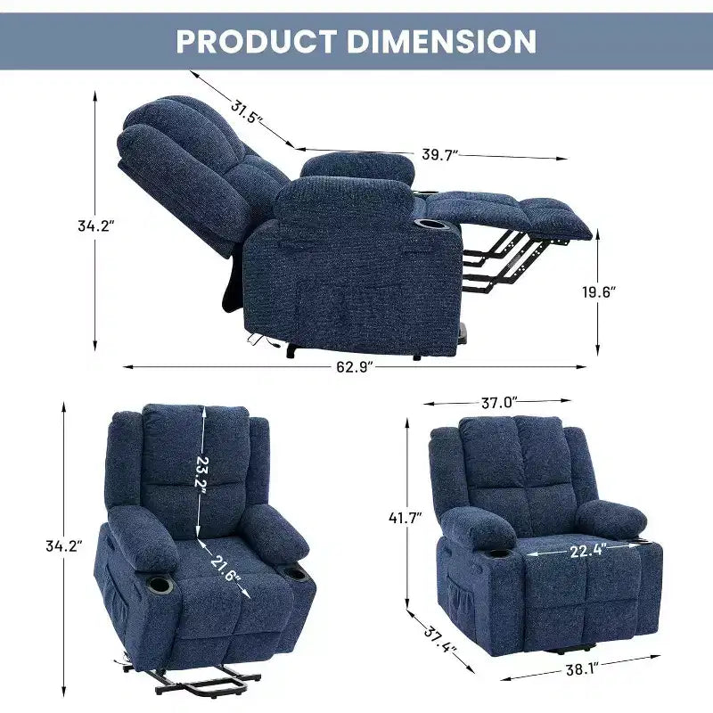 Fauteuil inclinable électrique surdimensionné pour personnes âgées, inclinable à 135°, avec fonction de levage, massage et chaleur, 2 porte-gobelets
