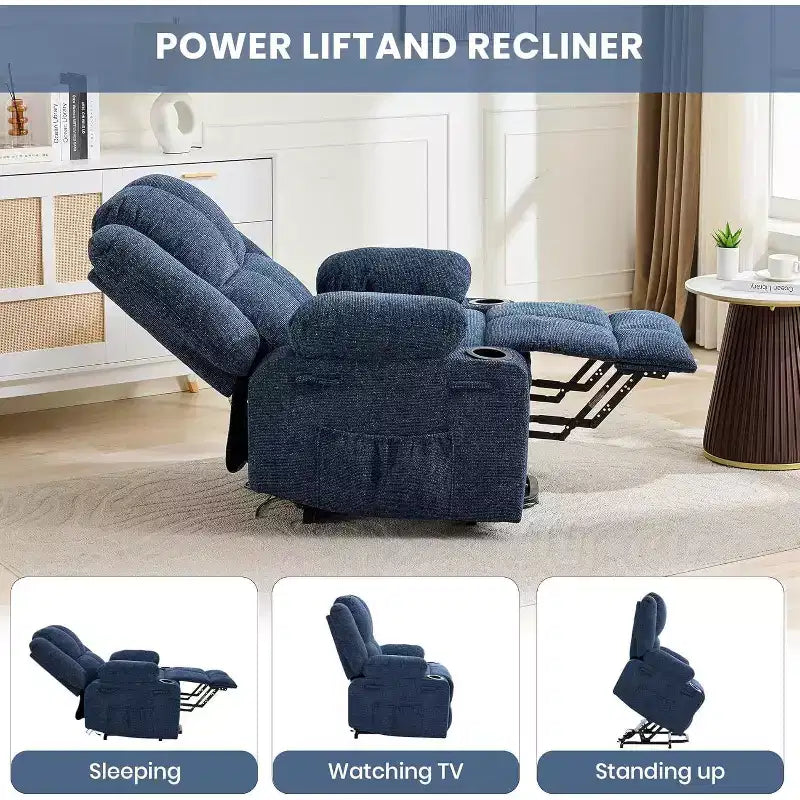 Fauteuil inclinable électrique surdimensionné pour personnes âgées, inclinable à 135°, avec fonction de levage, massage et chaleur, 2 porte-gobelets