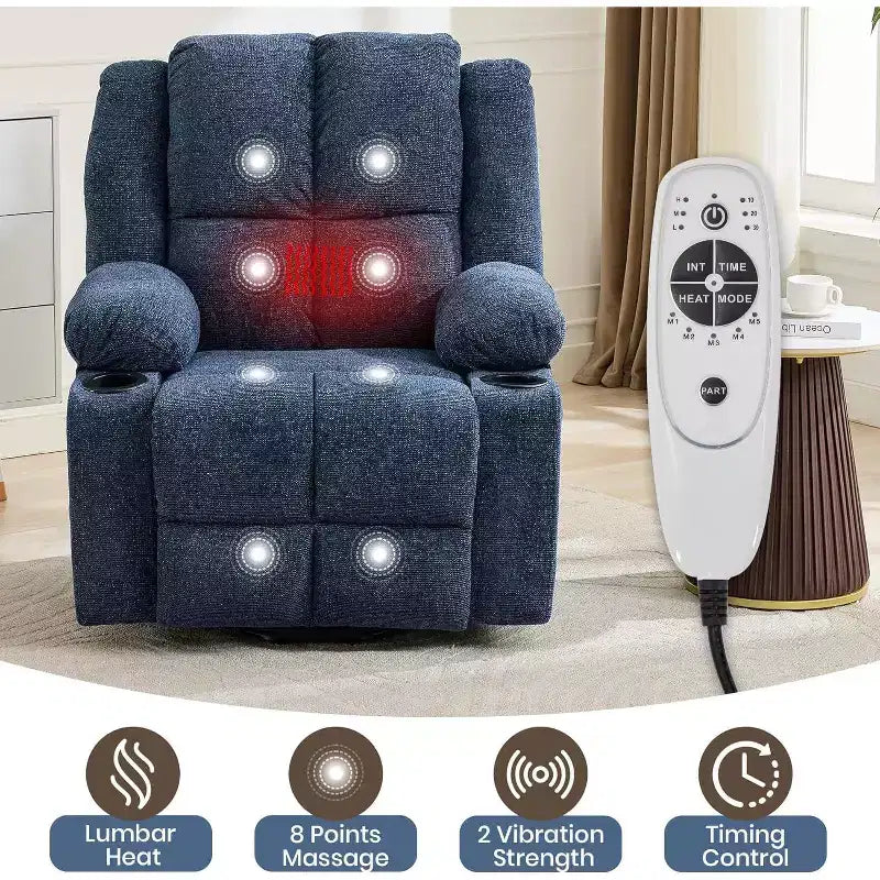 Fauteuil inclinable électrique surdimensionné pour personnes âgées, inclinable à 135°, avec fonction de levage, massage et chaleur, 2 porte-gobelets