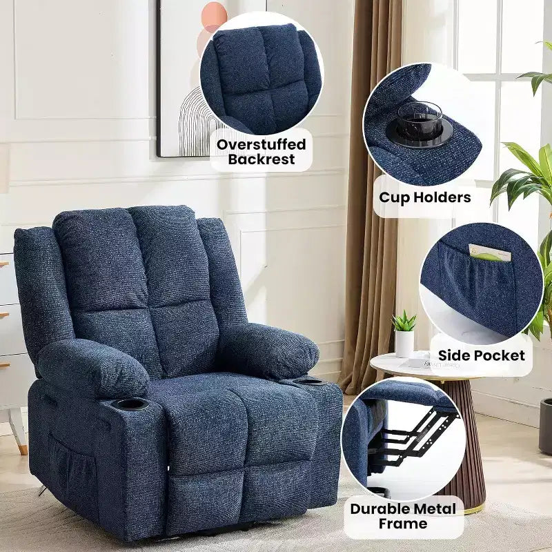 Fauteuil inclinable électrique surdimensionné pour personnes âgées, inclinable à 135°, avec fonction de levage, massage et chaleur, 2 porte-gobelets