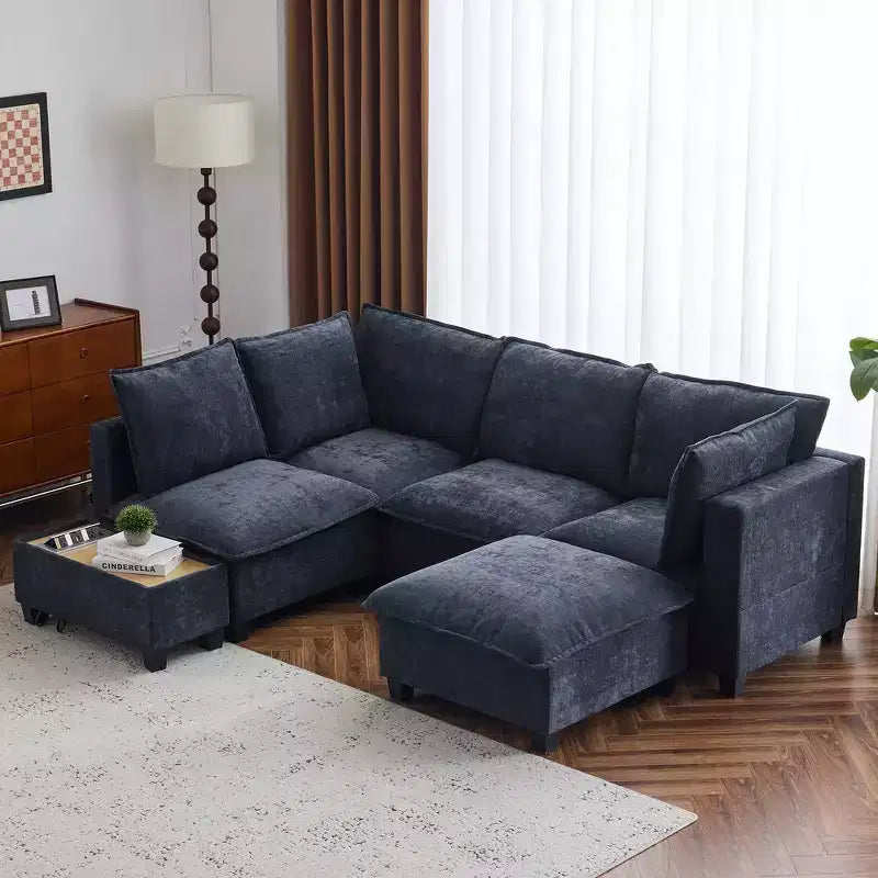 Whisen 90 Canapé sectionnel en U Canapé modulaire avec un pouf mobile, une table basse avec dispositifs de charge cachés