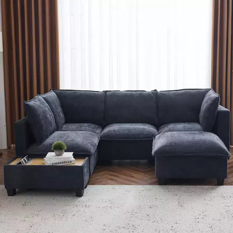 Whisen 90 Canapé sectionnel en U Canapé modulaire avec un pouf mobile, une table basse avec dispositifs de charge cachés