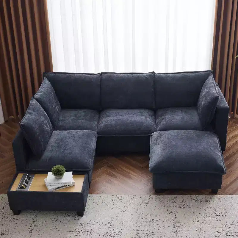 Whisen 90 Canapé sectionnel en U Canapé modulaire avec un pouf mobile, une table basse avec dispositifs de charge cachés