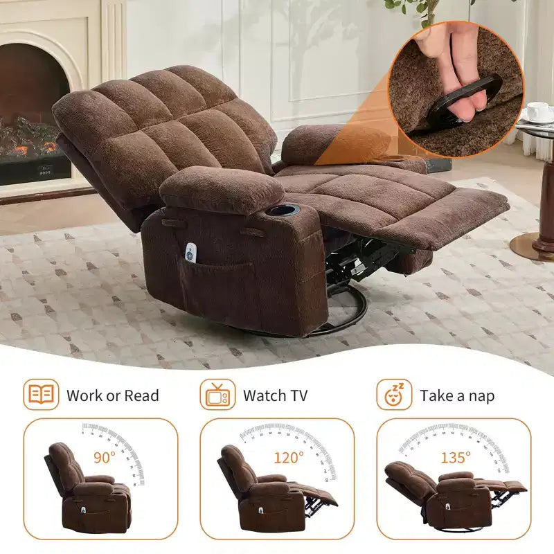 GustoWave Fauteuil inclinable de massage extra large avec chauffage, pivotant manuel, soutien lombaire, deux porte-gobelets, poches latérales, salon