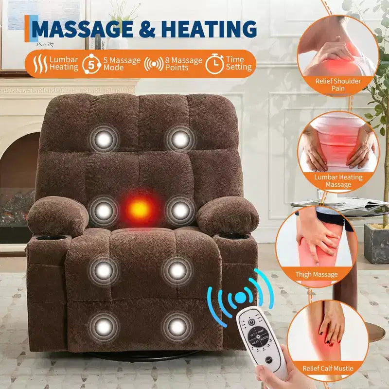GustoWave Fauteuil inclinable de massage extra large avec chauffage, pivotant manuel, soutien lombaire, deux porte-gobelets, poches latérales, salon