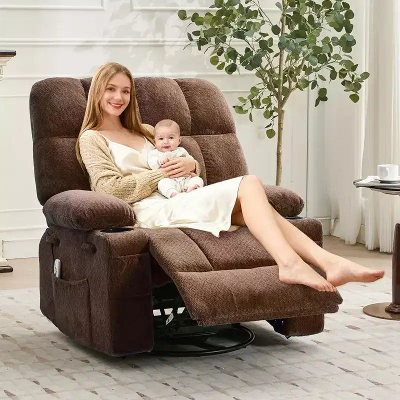 GustoWave Fauteuil inclinable de massage extra large avec chauffage, pivotant manuel, soutien lombaire, deux porte-gobelets, poches latérales, salon