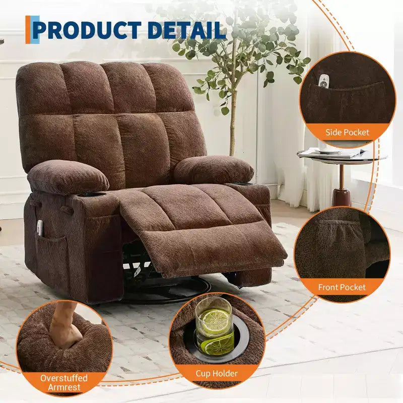 GustoWave Fauteuil inclinable de massage extra large avec chauffage, pivotant manuel, soutien lombaire, deux porte-gobelets, poches latérales, salon