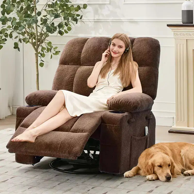 GustoWave Fauteuil inclinable de massage extra large avec chauffage, pivotant manuel, soutien lombaire, deux porte-gobelets, poches latérales, salon