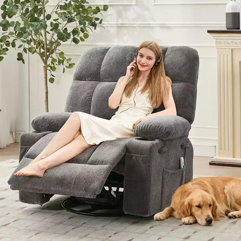 GustoWave Fauteuil inclinable de massage extra large avec chauffage, pivotant manuel, soutien lombaire, deux porte-gobelets, poches latérales, salon