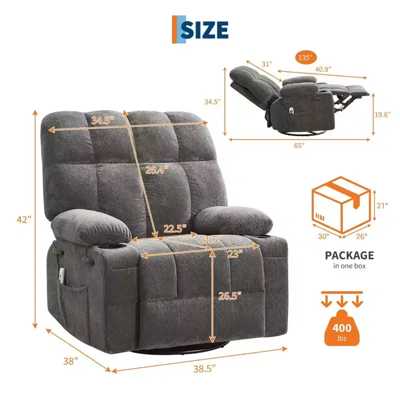 GustoWave Fauteuil inclinable de massage extra large avec chauffage, pivotant manuel, soutien lombaire, deux porte-gobelets, poches latérales, salon