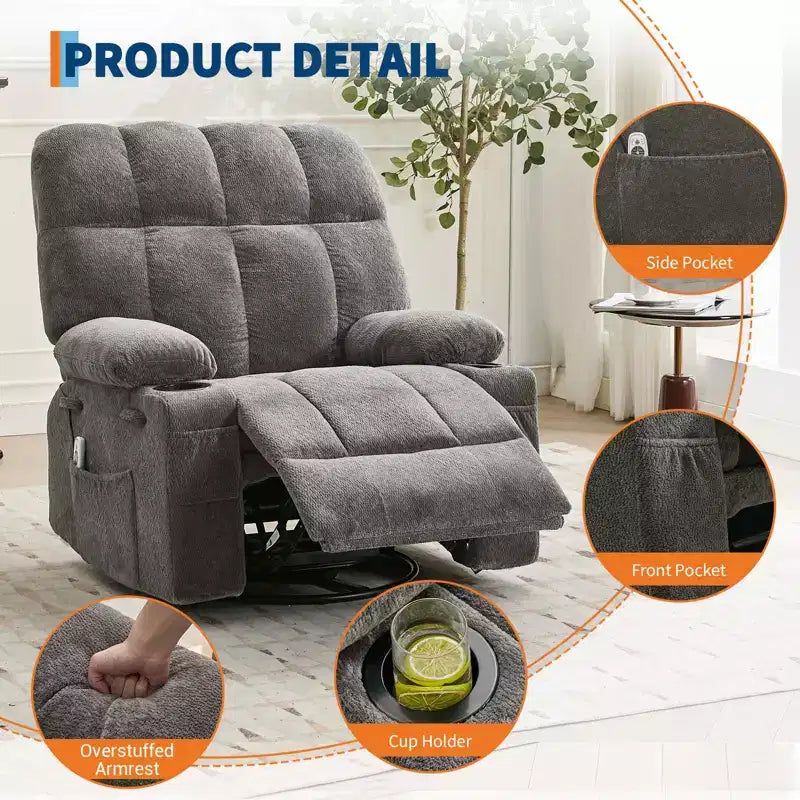 GustoWave Fauteuil inclinable de massage extra large avec chauffage, pivotant manuel, soutien lombaire, deux porte-gobelets, poches latérales, salon