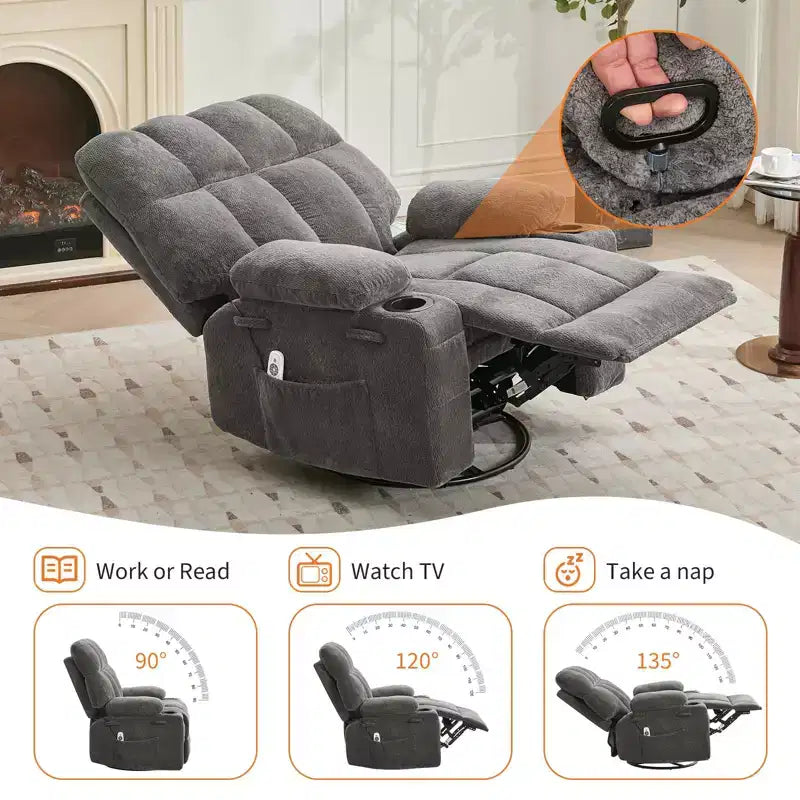 GustoWave Fauteuil inclinable de massage extra large avec chauffage, pivotant manuel, soutien lombaire, deux porte-gobelets, poches latérales, salon