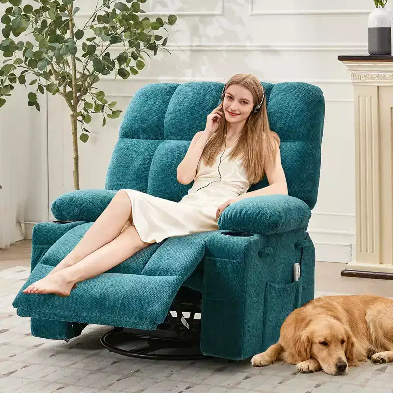 GustoWave Fauteuil inclinable de massage extra large avec chauffage, pivotant manuel, soutien lombaire, deux porte-gobelets, poches latérales, salon