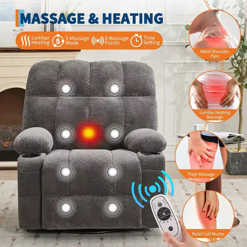 GustoWave Fauteuil inclinable de massage extra large avec chauffage, pivotant manuel, soutien lombaire, deux porte-gobelets, poches latérales, salon