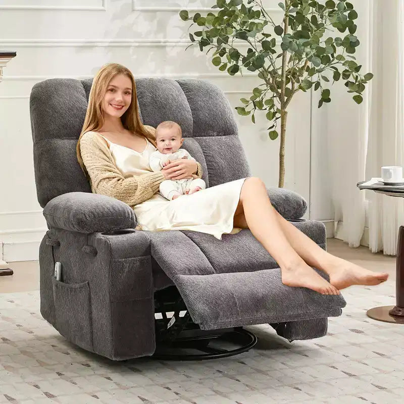 GustoWave Fauteuil inclinable de massage extra large avec chauffage, pivotant manuel, soutien lombaire, deux porte-gobelets, poches latérales, salon