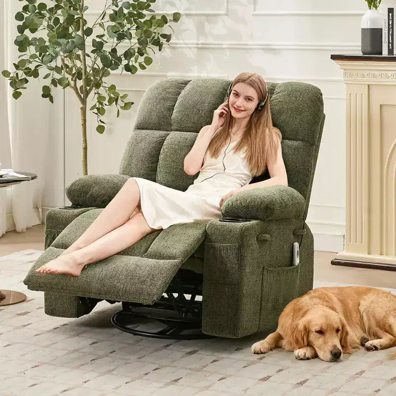 GustoWave Fauteuil inclinable de massage extra large avec chauffage, pivotant manuel, soutien lombaire, deux porte-gobelets, poches latérales, salon