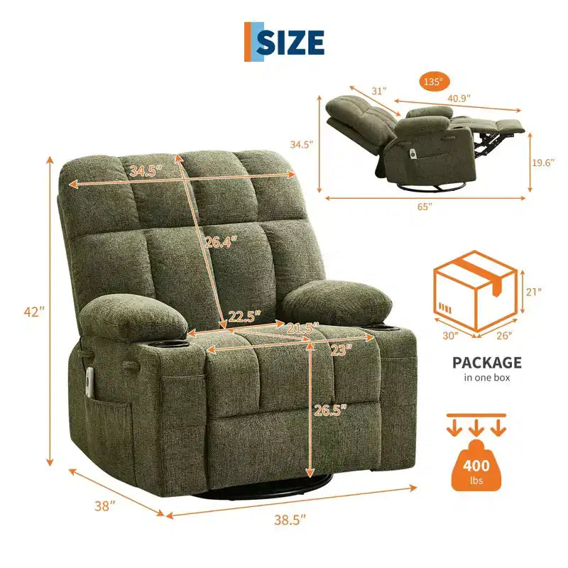 GustoWave Fauteuil inclinable de massage extra large avec chauffage, pivotant manuel, soutien lombaire, deux porte-gobelets, poches latérales, salon