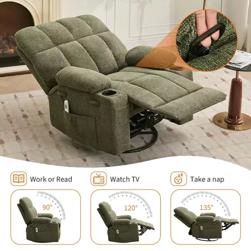 GustoWave Fauteuil inclinable de massage extra large avec chauffage, pivotant manuel, soutien lombaire, deux porte-gobelets, poches latérales, salon