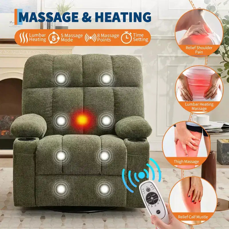 GustoWave Fauteuil inclinable de massage extra large avec chauffage, pivotant manuel, soutien lombaire, deux porte-gobelets, poches latérales, salon