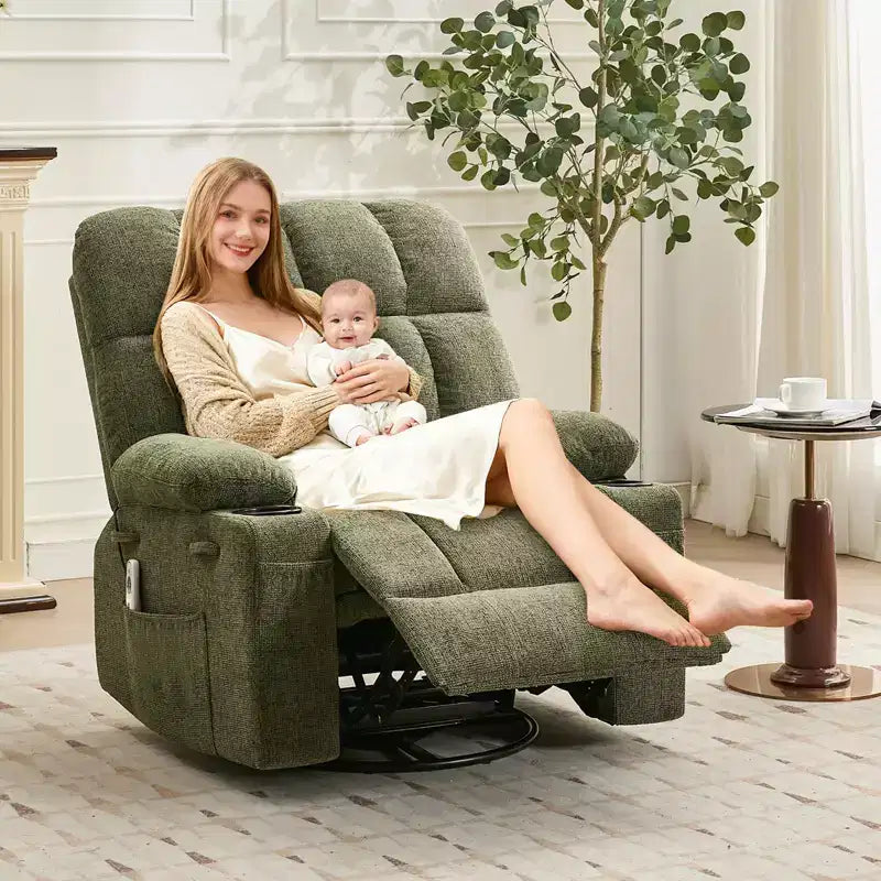 GustoWave Fauteuil inclinable de massage extra large avec chauffage, pivotant manuel, soutien lombaire, deux porte-gobelets, poches latérales, salon