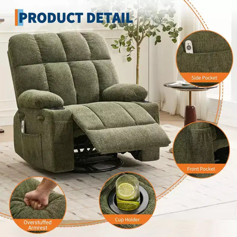GustoWave Fauteuil inclinable de massage extra large avec chauffage, pivotant manuel, soutien lombaire, deux porte-gobelets, poches latérales, salon