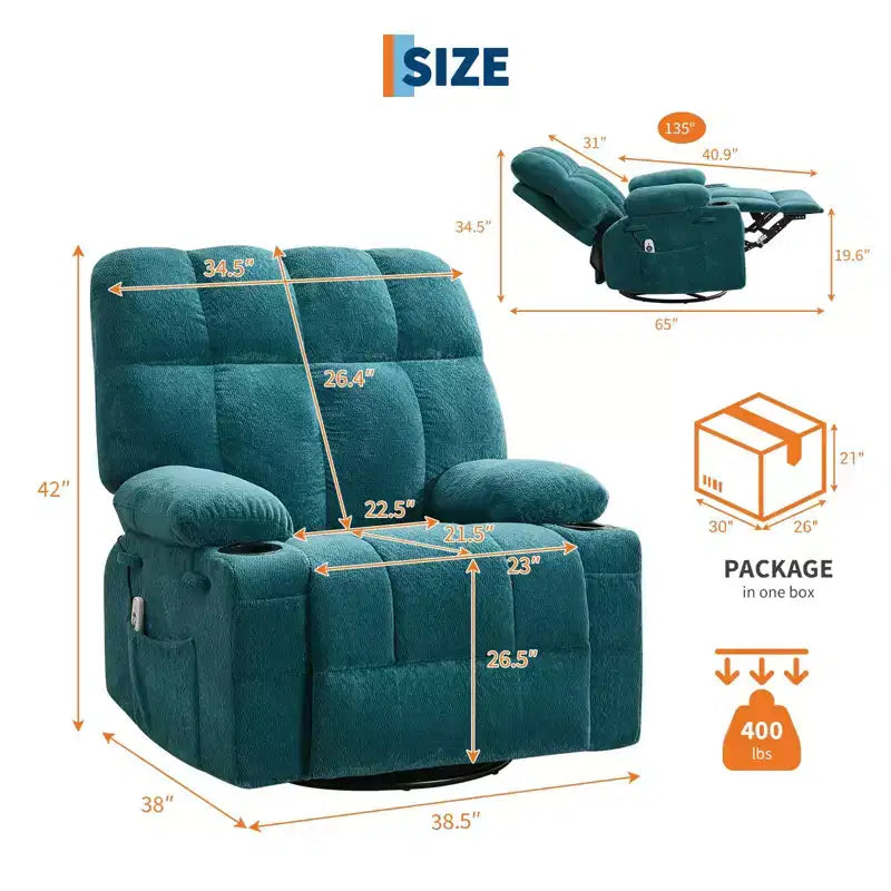 GustoWave Fauteuil inclinable de massage extra large avec chauffage, pivotant manuel, soutien lombaire, deux porte-gobelets, poches latérales, salon