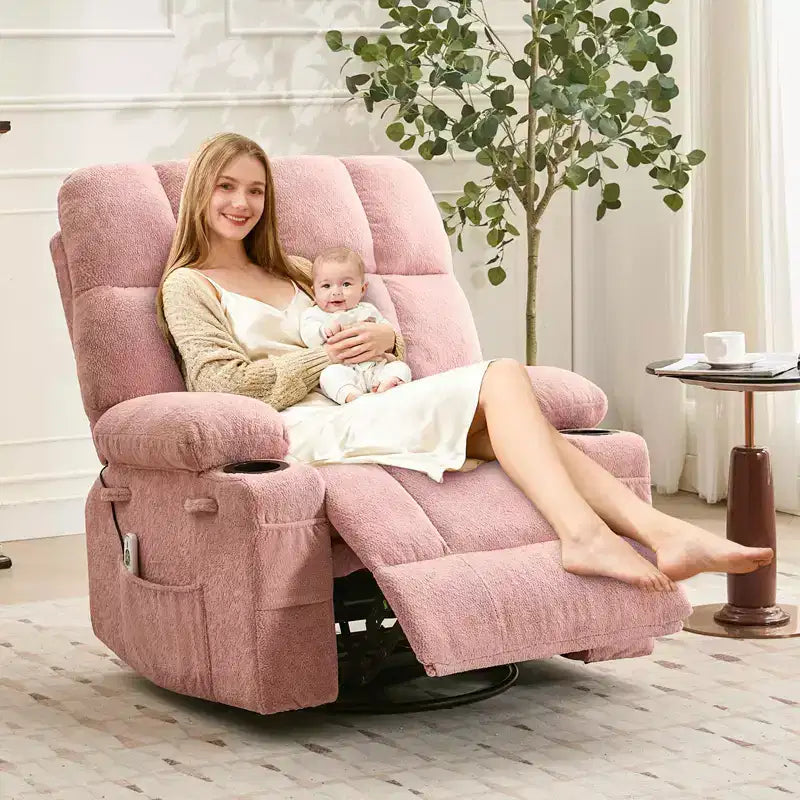 GustoWave Fauteuil inclinable de massage extra large avec chauffage, pivotant manuel, soutien lombaire, deux porte-gobelets, poches latérales, salon