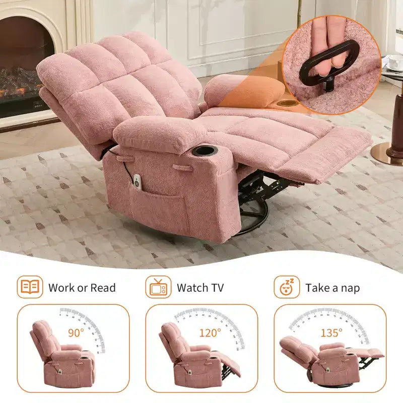GustoWave Fauteuil inclinable de massage extra large avec chauffage, pivotant manuel, soutien lombaire, deux porte-gobelets, poches latérales, salon