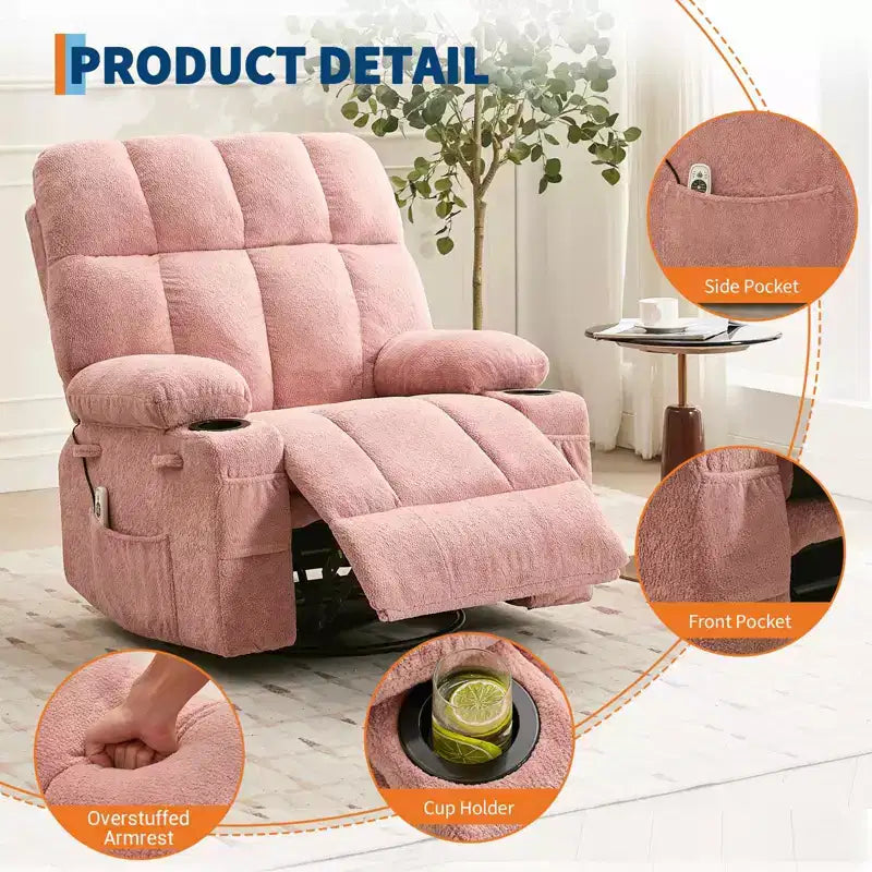 GustoWave Fauteuil inclinable de massage extra large avec chauffage, pivotant manuel, soutien lombaire, deux porte-gobelets, poches latérales, salon