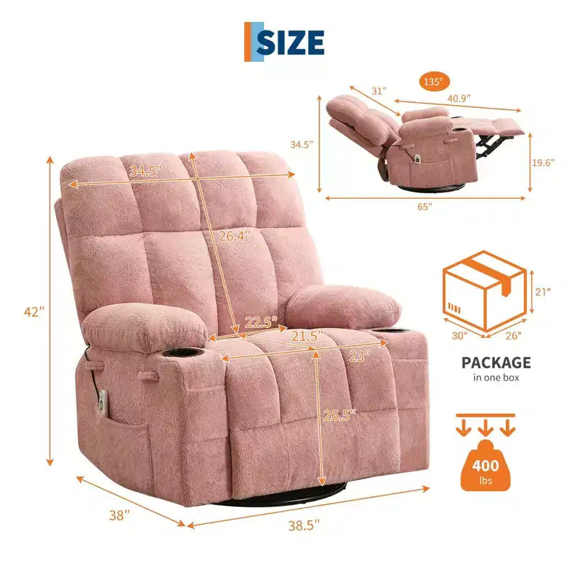 GustoWave Fauteuil inclinable de massage extra large avec chauffage, pivotant manuel, soutien lombaire, deux porte-gobelets, poches latérales, salon