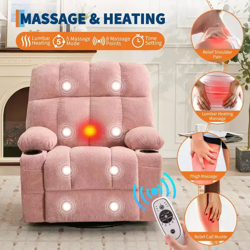 GustoWave Fauteuil inclinable de massage extra large avec chauffage, pivotant manuel, soutien lombaire, deux porte-gobelets, poches latérales, salon