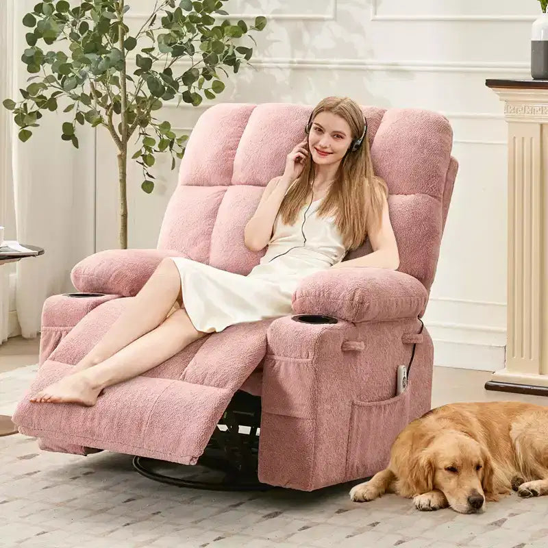 GustoWave Fauteuil inclinable de massage extra large avec chauffage, pivotant manuel, soutien lombaire, deux porte-gobelets, poches latérales, salon