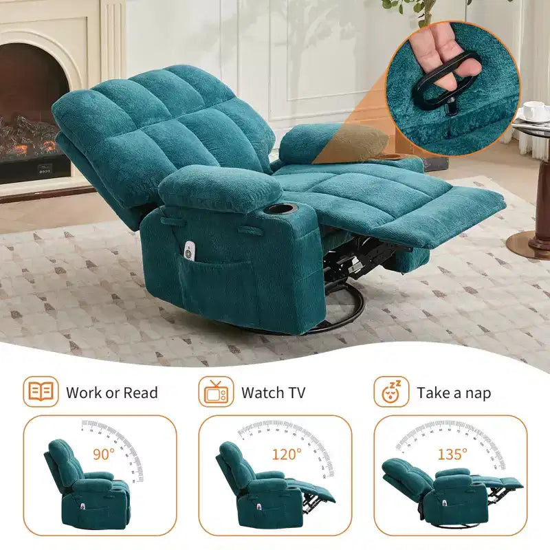 GustoWave Fauteuil inclinable de massage extra large avec chauffage, pivotant manuel, soutien lombaire, deux porte-gobelets, poches latérales, salon