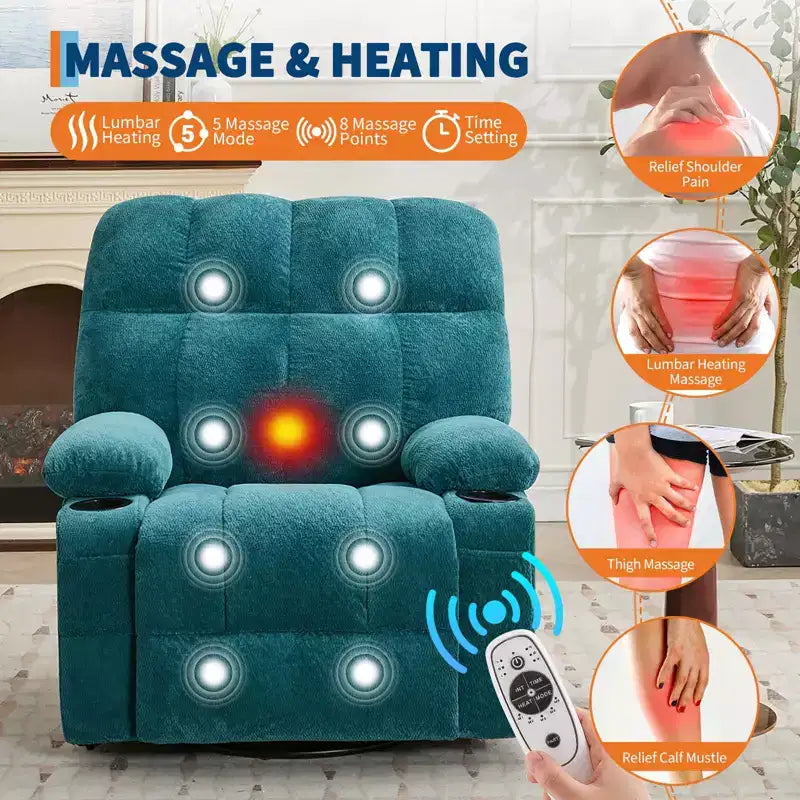 GustoWave Fauteuil inclinable de massage extra large avec chauffage, pivotant manuel, soutien lombaire, deux porte-gobelets, poches latérales, salon
