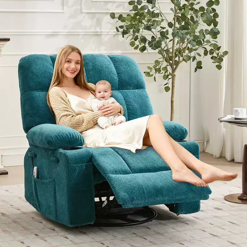 GustoWave Fauteuil inclinable de massage extra large avec chauffage, pivotant manuel, soutien lombaire, deux porte-gobelets, poches latérales, salon