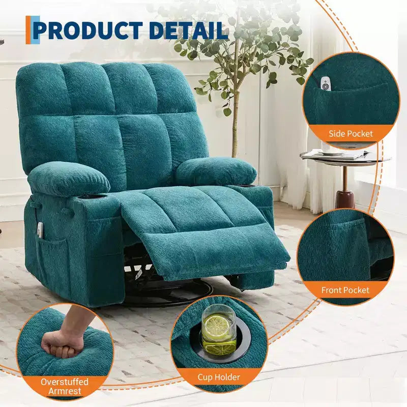 GustoWave Fauteuil inclinable de massage extra large avec chauffage, pivotant manuel, soutien lombaire, deux porte-gobelets, poches latérales, salon