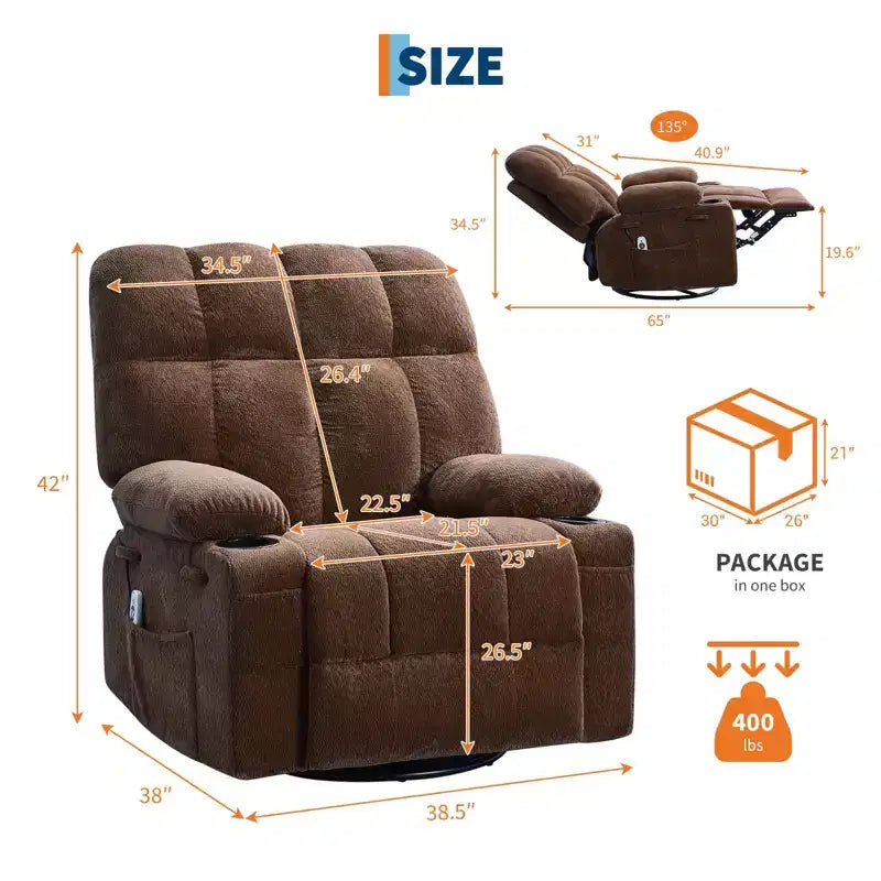 GustoWave Fauteuil inclinable de massage extra large avec chauffage, pivotant manuel, soutien lombaire, deux porte-gobelets, poches latérales, salon